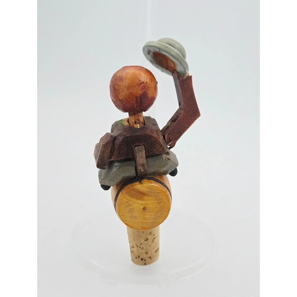 Vintage ANRI Italy Mechanical Wood Bottle Stopper Tipping Hat Man on Barrel READ